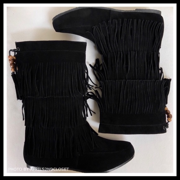 BLACK SIZE 11 FRINGE BOOTS BOHO FLAT BOOTIES A2C - Picture 6 of 8